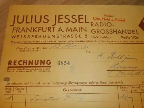 Radio-Grosshandel - Julius Jessel in Frankfurt am Main , 1935 , Inh. Otto , Held und Krissel , alte Rechnung / Dokument