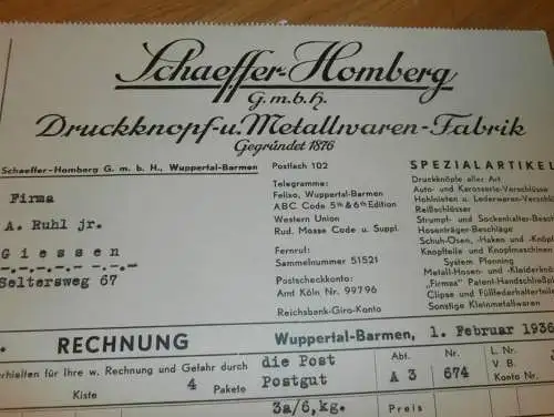 Druckknopf- und Metallwarenfabrik - Schaeffer-Homberg GmbH in Wuppertal Barmen , 1936 , Knöpfe alte Rechnung / Dokument
