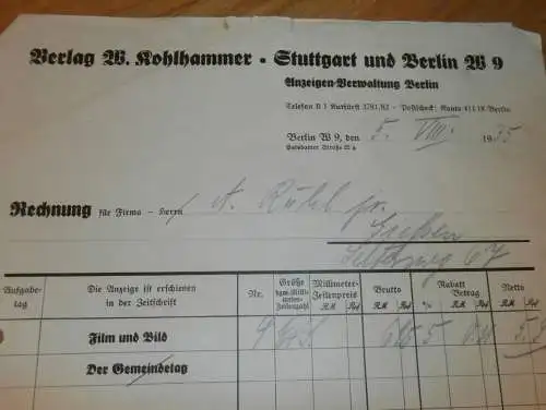 Verlag W. Kohlhammer in Berlin und Stuttgart , 1935 , altes Dokument / Rechnung !!