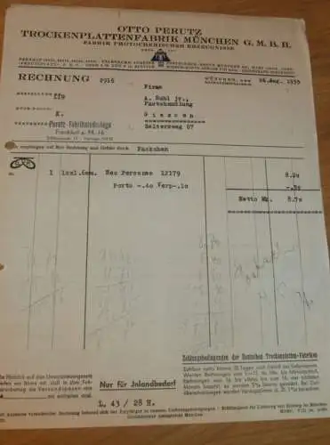 Trockenplatten-Fabrik - Otto Perutz in München , 1935 , Photographie , altes Dokument / Rechnung !!