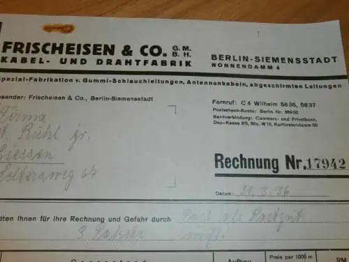 Kabel- und Drahtfabrik - Richard Frischeisen & Co. in Berlin Siemensstadt , 1936 , altes Dokument / Rechnung !!