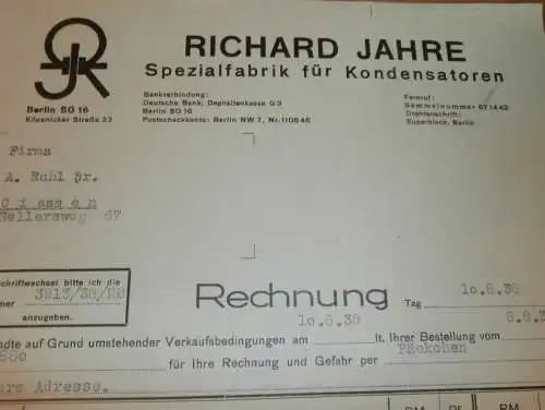 Spezialfabrik für Kondensatoren - Richard Jahre in Berlin , 1938 , altes Dokument / Rechnung !!
