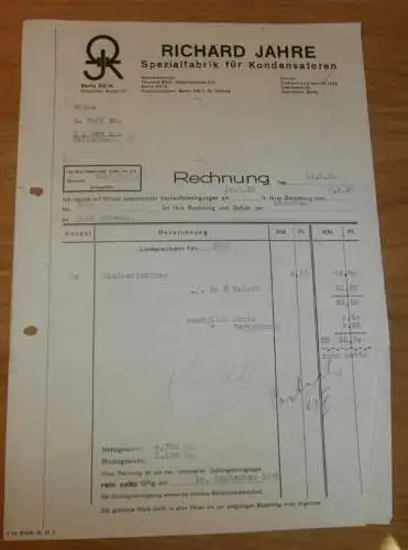 Spezialfabrik für Kondensatoren - Richard Jahre in Berlin , 1938 , altes Dokument / Rechnung !!