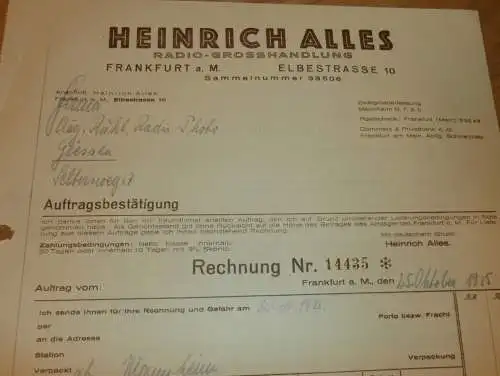Radio - Grosshandlung - Heinrich Alles in Frankfurt am Main , 1936 , alte Rechnung / Dokument !!
