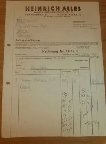Radio - Grosshandlung - Heinrich Alles in Frankfurt am Main , 1936 , alte Rechnung / Dokument !!