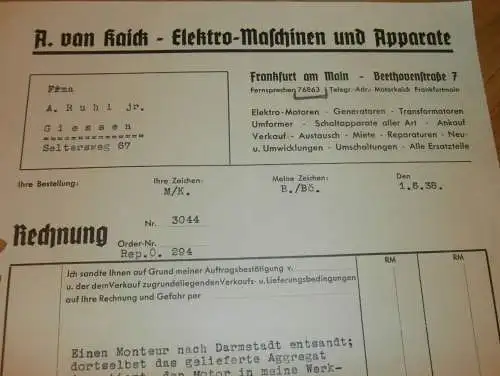 Elektromaschinen und Apparate - A. von Kaick in Frankfurt am Main , 1938 , altes Dokument / Rechnung !!!