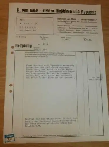 Elektromaschinen und Apparate - A. von Kaick in Frankfurt am Main , 1938 , altes Dokument / Rechnung !!!