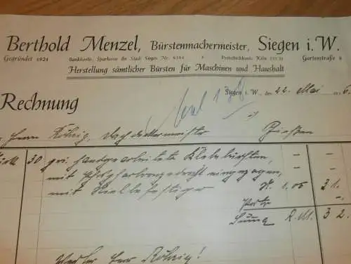 Bürstenmachermeister - Berthold Menzel in Siegen i.W., 1934 , Bürsten , altes Dokument !!