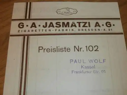 Zigaretten-Fabrik - Jasmatzi AG in Dresden , 1928 , Preisliste , Katalog , Prospekt , Tabak , altes Dokument !!
