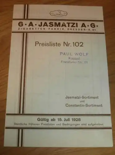 Zigaretten-Fabrik - Jasmatzi AG in Dresden , 1928 , Preisliste , Katalog , Prospekt , Tabak , altes Dokument !!