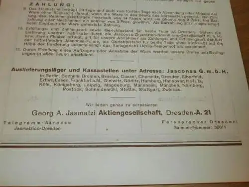 Zigaretten-Fabrik - Jasmatzi AG in Dresden , 1928 , Preisliste , Katalog , Prospekt , Tabak , altes Dokument !!