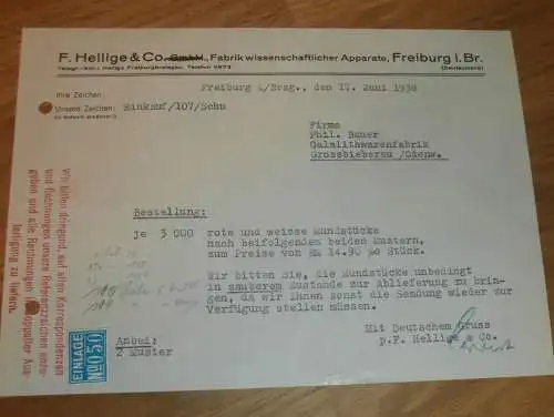 Fabrik wissenschaftlicher Apparate - F. Hellige & Co. in Freiburg i. Breisgau , 1938, Reklame / Werbung , altes Dokument