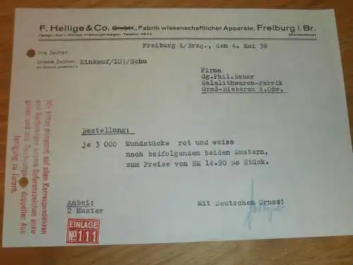 Fabrik wissenschaftlicher Apparate - F. Hellige & Co. in Freiburg i. Breisgau , 1938, Reklame / Werbung , altes Dokument