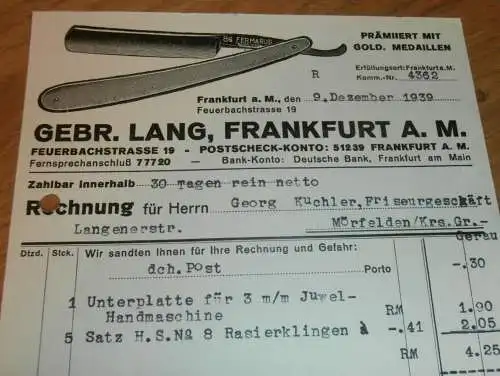 Rasierapparate - Gebrüder Lang in Frankfurt a. Main , 1939 , Mörfelden , Rasierer Reklame / Werbung , altes Dokument !!!