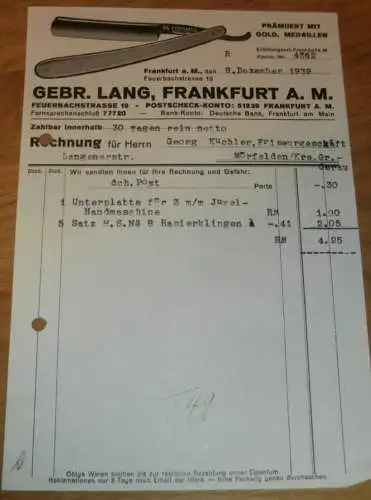 Rasierapparate - Gebrüder Lang in Frankfurt a. Main , 1939 , Mörfelden , Rasierer Reklame / Werbung , altes Dokument !!!