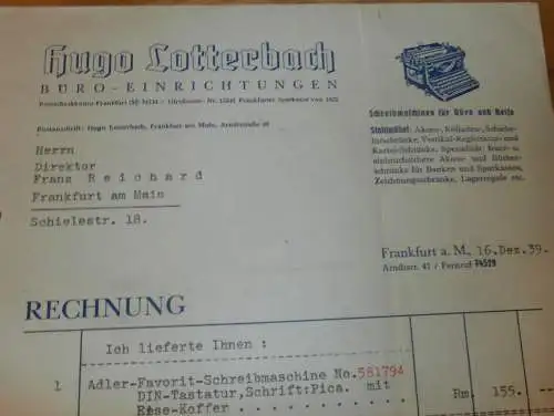 Büro-Einrichtungen - Hugo Lotterbach in Frankfurt a. Main , 1939 , Werbung / Reklame , altes Dokument !!!