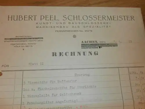 Kunst- und Bauschlosserei - Hubert Peel in Aachen , 1939 , Werbung / Reklame , altes Dokument !!!