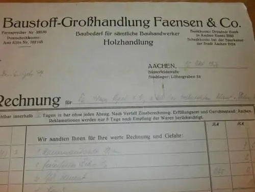 Baustoff-Großhandel - Faensen & Co. in Aachen , 1936 , Werbung / Reklame , altes Dokument !!!