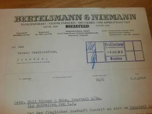 Weberei - Bertelsmann & Niemann in Bielefeld , 1934 , Körne & Sohn in Neustadt i. Sa., Reklame , altes Dokument !!!