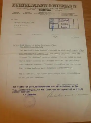 Weberei - Bertelsmann & Niemann in Bielefeld , 1934 , Körne & Sohn in Neustadt i. Sa., Reklame , altes Dokument !!!