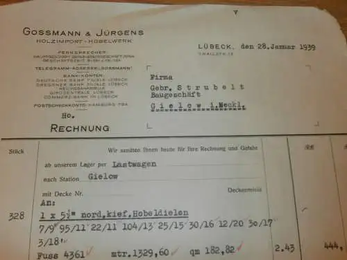 Hobelwerk - Gossmann & Jürgens in Lübeck , 1939 , Holzbau , Reklame / Werbung , altes Dokument !!!