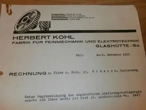 Fabrik für Feinmechanik - Herbert Kohl in Glashütte i. Sa., 1935 , HERKO , altes Dokument !!!