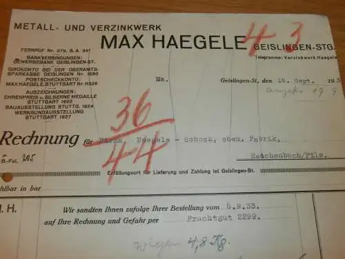 Metall- und Verzinkwerk - Max Haegele in Geislingen a.d. Steige , 1933 , Zinkerei , Metallbau , altes Dokument !!!