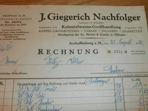 Kaffee-Großrösterei - J. Giegerich / F. Wiebel in Aschaffenburg a.M., 1930 , altes Dokument !!!