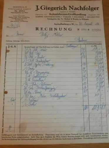 Kaffee-Großrösterei - J. Giegerich / F. Wiebel in Aschaffenburg a.M., 1930 , altes Dokument !!!