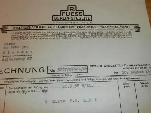 Präzisions- und Messinstrumente - R. Fuess in Berlin - Steglitz , 1938 , altes Dokument !!!