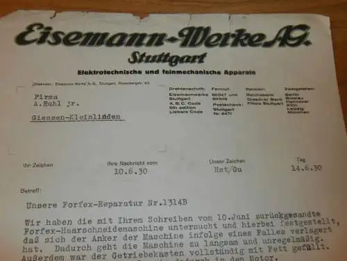 Feinmechanische Apparate - Eisemann-Werk AG in Stuttgart , 1930 , altes Dokument !!!