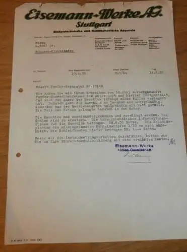 Feinmechanische Apparate - Eisemann-Werk AG in Stuttgart , 1930 , altes Dokument !!!