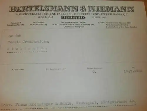 Weberei - Bertelsmann & Niemann in Bielefeld , 1934 , Kreglinger & Rühle , Werbung / Reklame , altes Dokument !!!