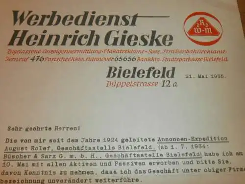 Werbedienst - Heinrich Gieske in Bielefeld , 1935 , Werbung / Reklame , altes Dokument !!!