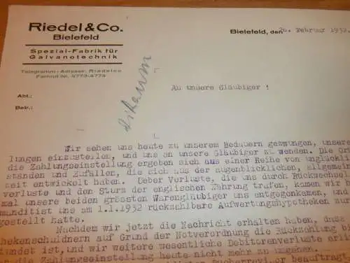 Spezialfabrik - Galvanotechnik ,  Riedel & Co. in Bielefeld , 1932 , Galvanisierung , altes Dokument !!!
