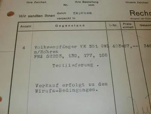 Volksempfänger , 1935 , alte Rechnung von Siemens & Halske AG in Frankfurt a. Main , Radio , altes Dokument !!!