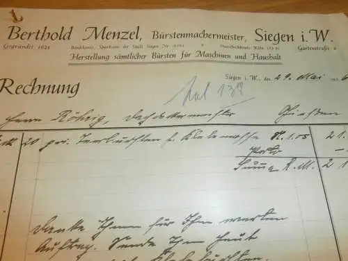 Bürstenmachermeister - Berthold Menzel in Siegen i.W., 1936 , Bürsten , altes Dokument !!