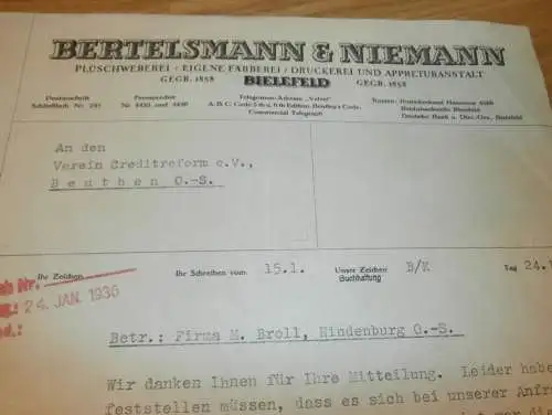 Weberei - Bertelsmann & Niemann in Bielefeld , 1936 , alte Rechnung , altes Dokument !