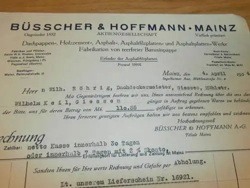 Dachpappen- und Asphalt-Fabrik , Büsscher & Hoffmann in Mainz , 1934 , altes Dokument / Rechnung !!