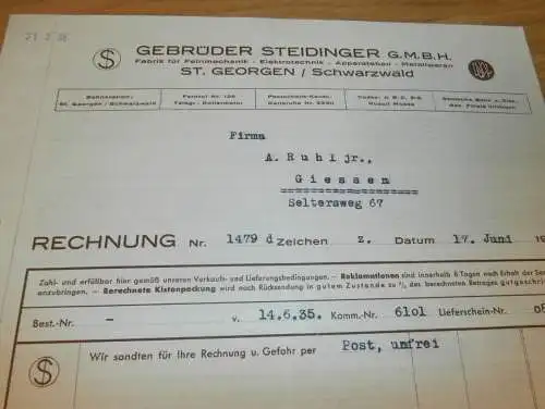 Apparatebau-  Steidinger & Co. in St. Georgen / Schwarzwald , 1935 , altes Dokument / Rechnung !!