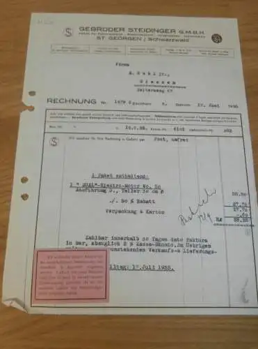 Apparatebau-  Steidinger & Co. in St. Georgen / Schwarzwald , 1935 , altes Dokument / Rechnung !!