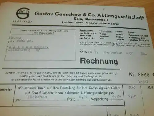 Sportartikel-Fabrik , Gustav Genschow & Co. in Köln , 1938 , altes Dokument / Rechnung !!!