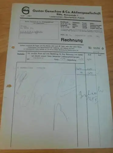 Sportartikel-Fabrik , Gustav Genschow & Co. in Köln , 1938 , altes Dokument / Rechnung !!!