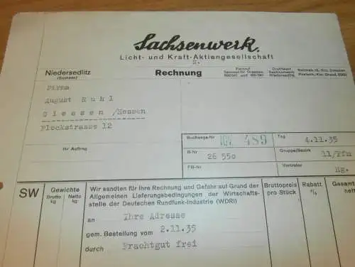 Sachsenwerk - Licht- und Kraft AG in Niedersedlitz b. Dresden i. Sachsen , 1935 , altes Dokument / Rechnung !!!