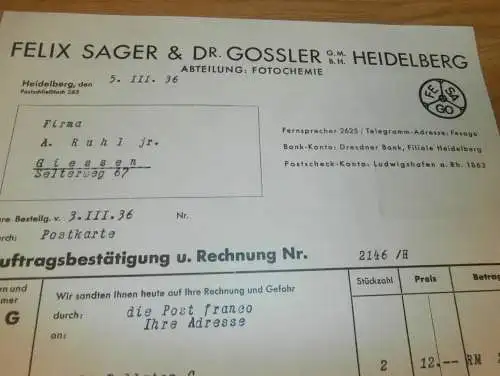 Fotochemie - Felix Sager & Dr. Gossler GmbH in Heidelberg , 1936 , altes Dokument / Rechnung !!!