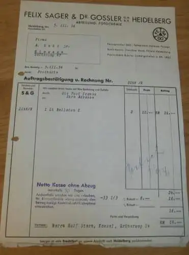 Fotochemie - Felix Sager & Dr. Gossler GmbH in Heidelberg , 1936 , altes Dokument / Rechnung !!!