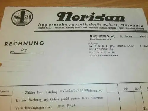 Norisan - Apparatebau in Nürnberg , 1936 , altes Dokument / Rechnung !!!