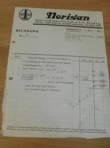 Norisan - Apparatebau in Nürnberg , 1936 , altes Dokument / Rechnung !!!