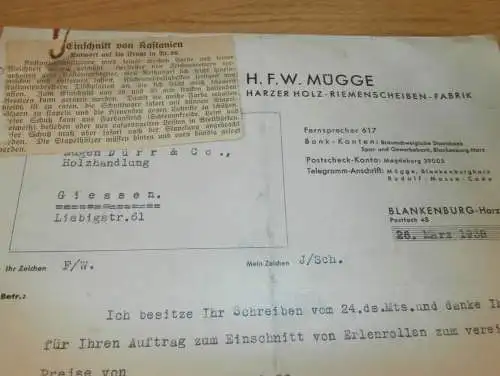 Harzer Holz-Riemenscheiben-Fabrik , H.F.W. Mügge in Blankenburg , Harz , 1938 , altes Dokument / Rechnung !!