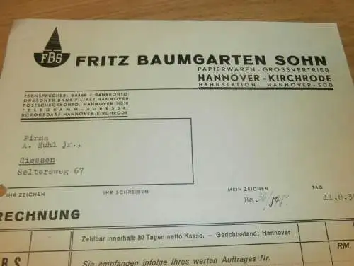Papierwaren - Fritz Baumgarten Sohn in Hannover - Kirchrode , 1938 , altes Dokument !!